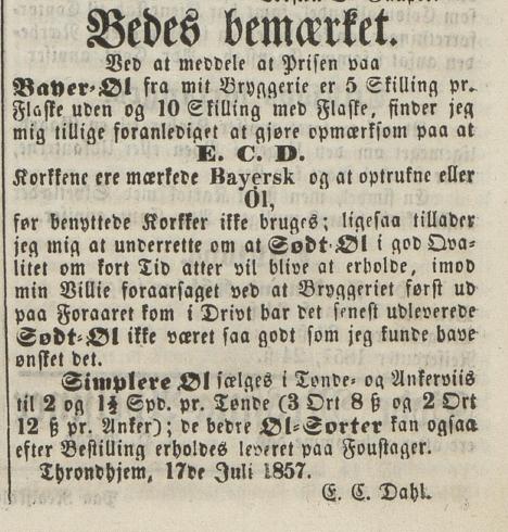 E. C. Dahls Bryggeris annonse for bayer